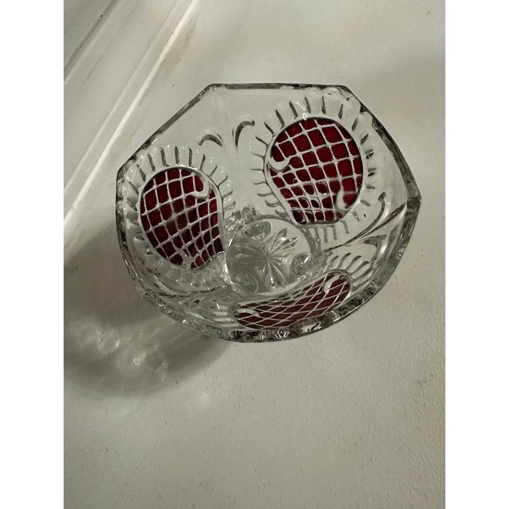 Beautiful small footed Crystal vase with cranberry red accent